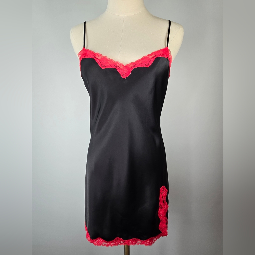 Victoria’s Secret Vintage Black Satin Chemise Slip Hot Pink Lace Trim Size S